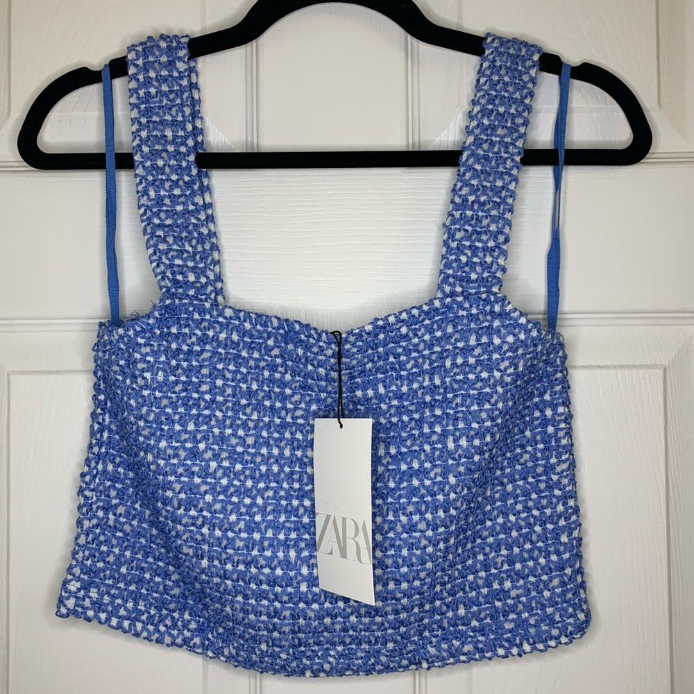 ZARA white blue textured crop top straight neckline and wide straps